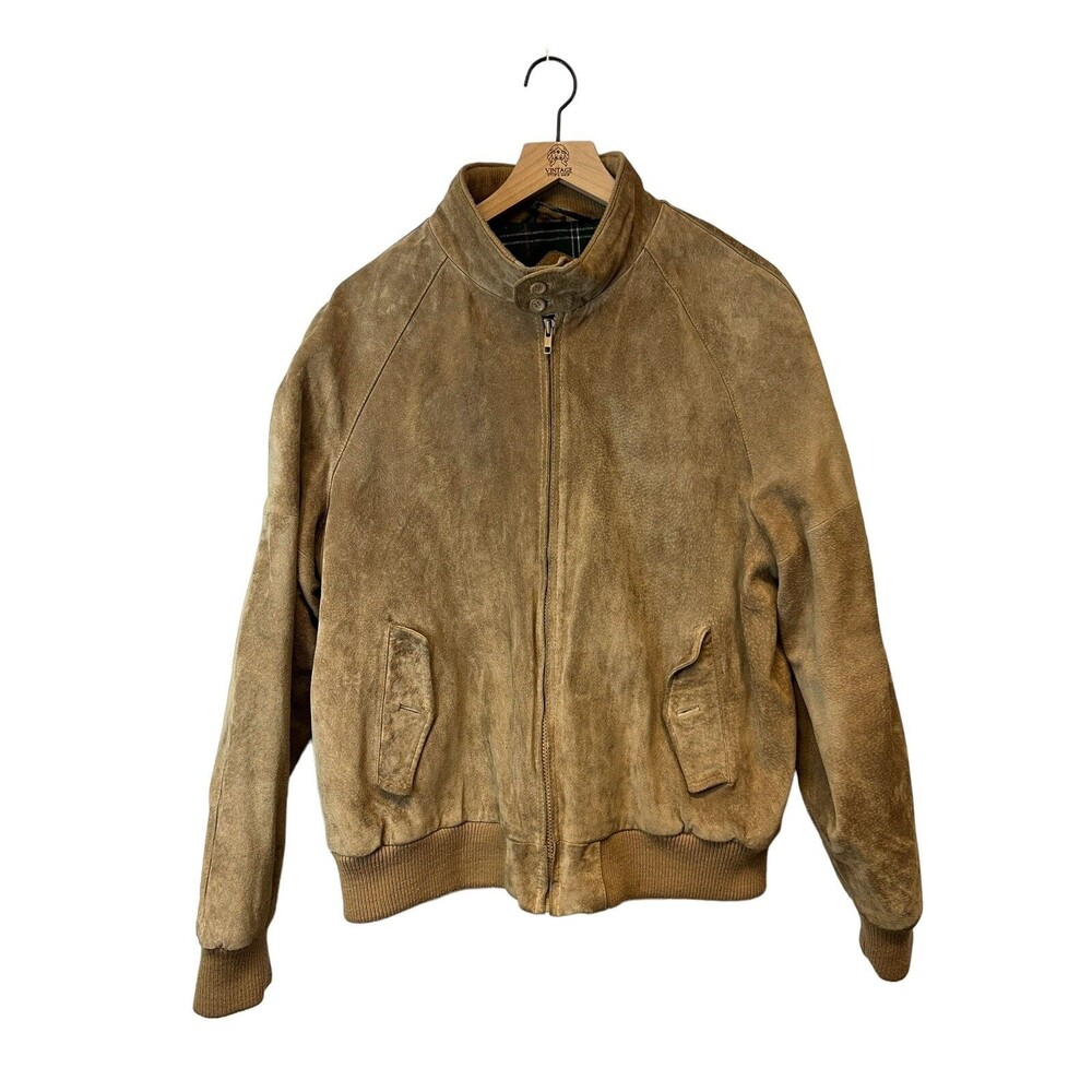 Men's Vintage Crew Tan Pig Suede Leather Plaid Lined Bomber Jacket Size 46